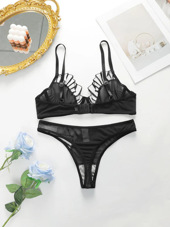 butterfly Line Mesh Plicing Women's Underwear Push Up Bra set